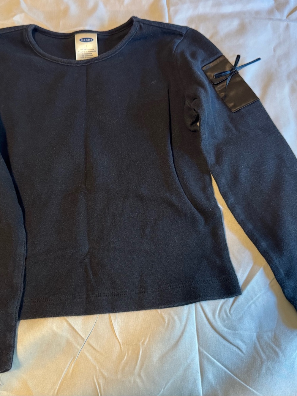 Retro Old Navy Black Crewneck Sweater with Sleeve Pocket Bow Detail